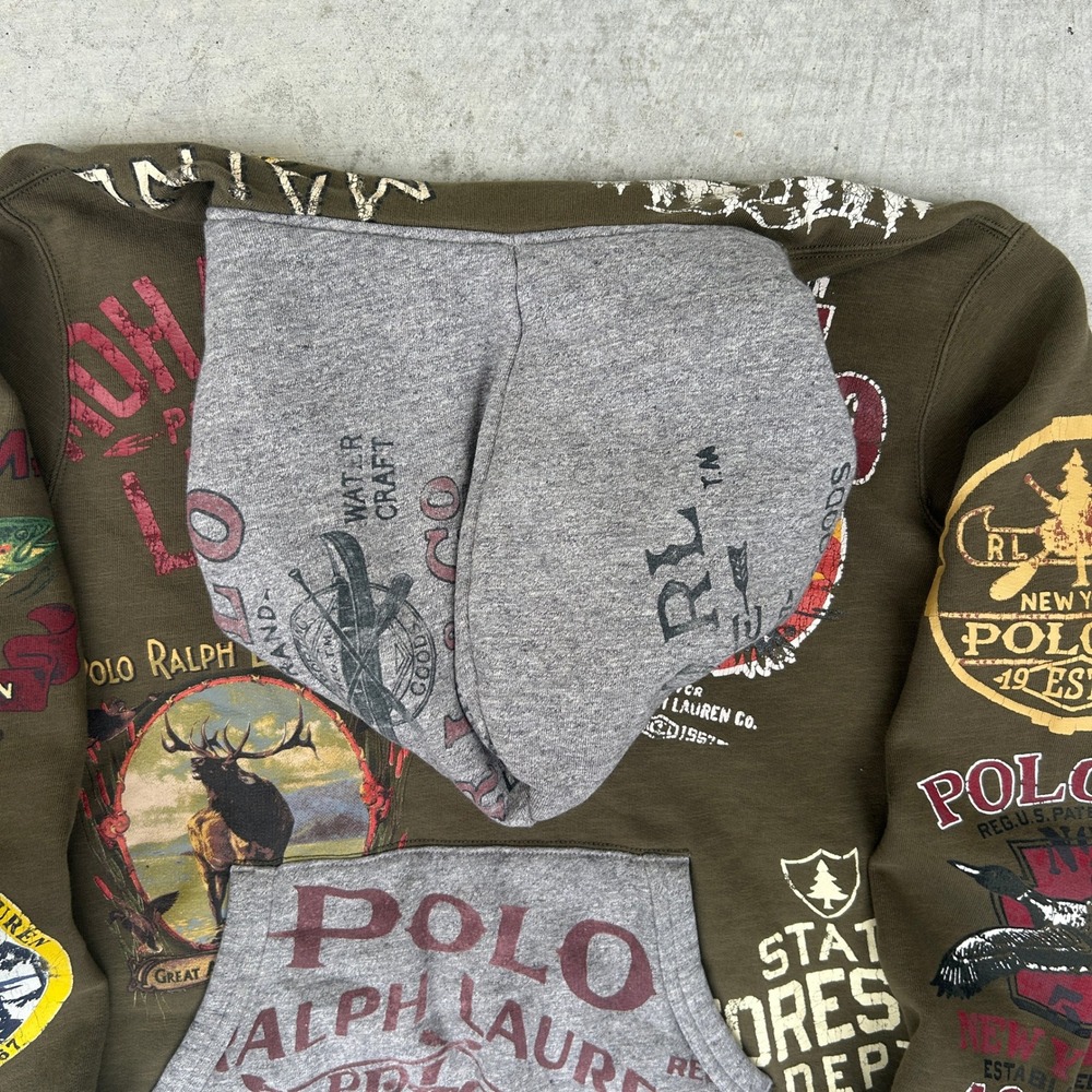 Polo Ralph Lauren Sportsman Afterhood Hoodie Mens Large Olive Multi Graphic Rare - Picture 6 of 8